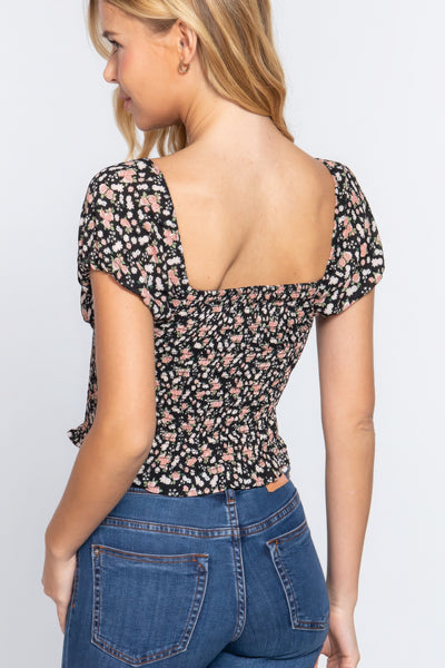 Short Sleeve Smocking Print Top