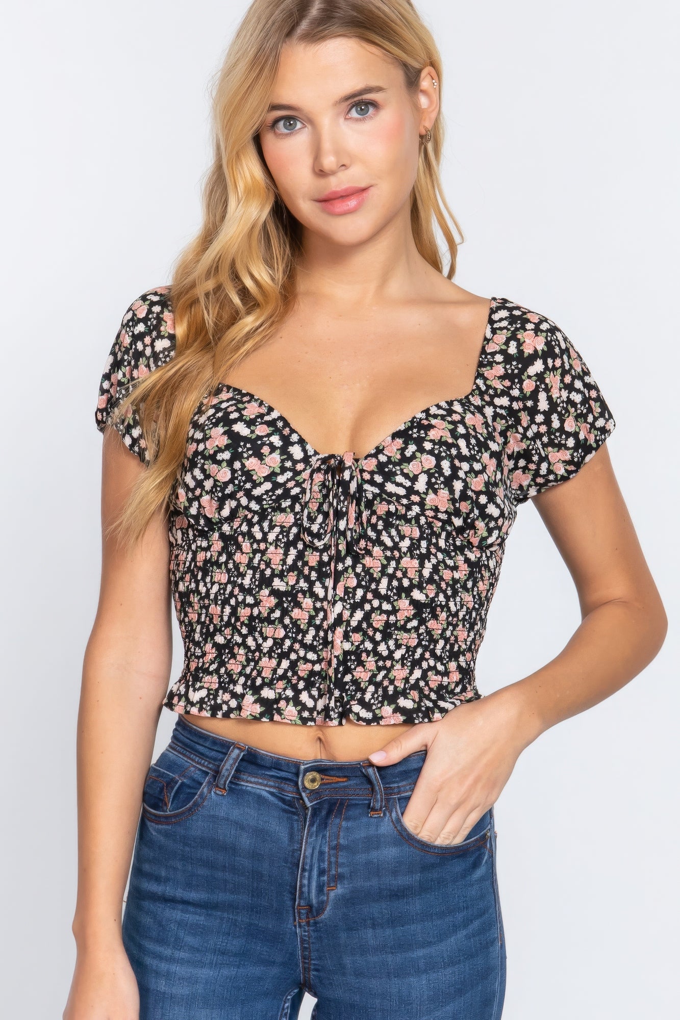 Short Sleeve Smocking Print Top