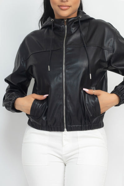 Faux Leather Hooded Jacket