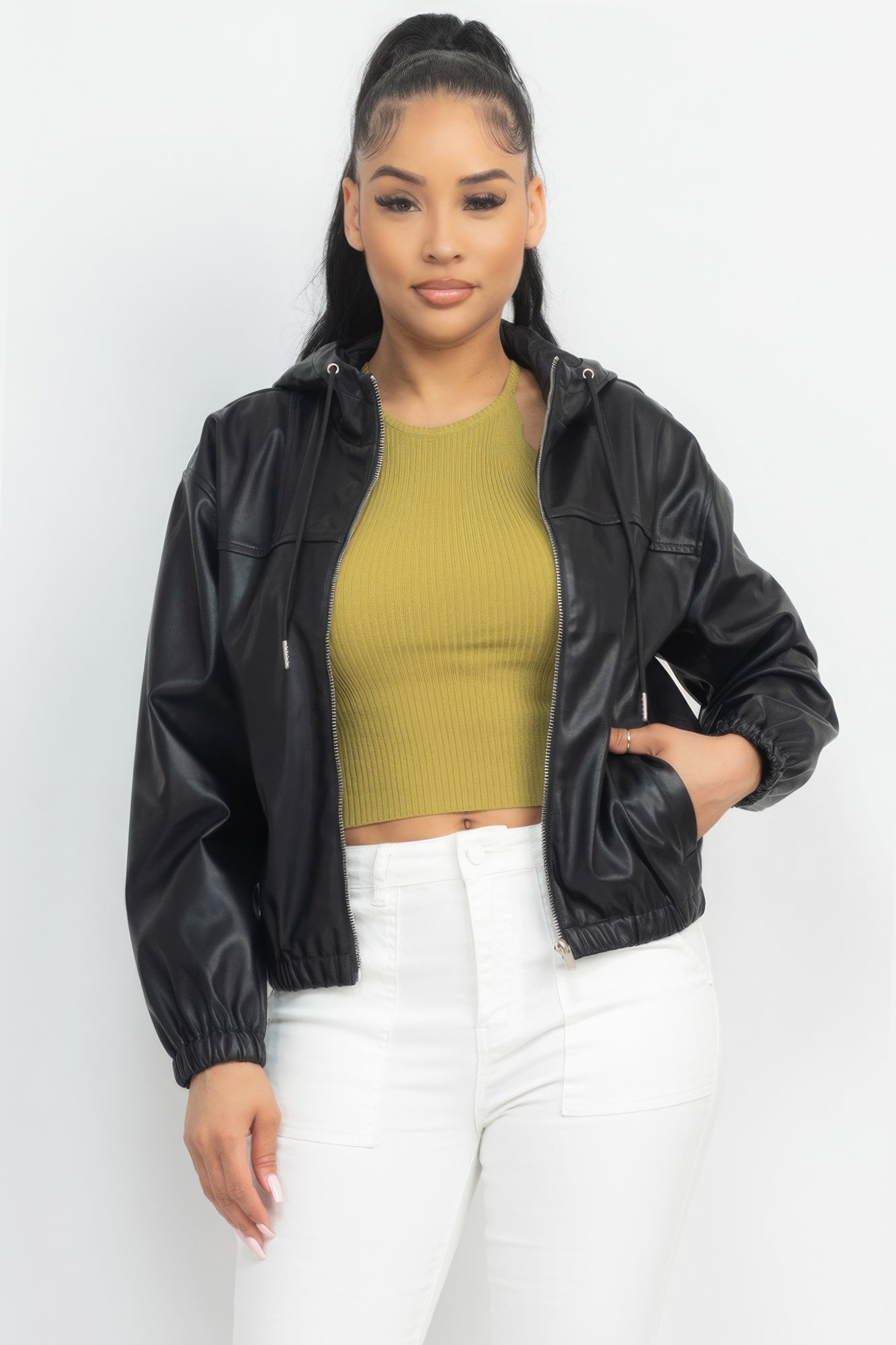 Faux Leather Hooded Jacket