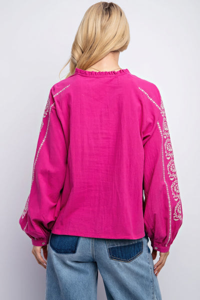 Linen Embroidered Long Sleeve Top