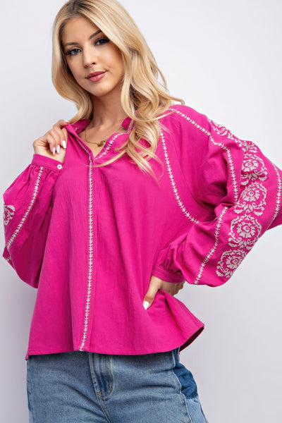Linen Embroidered Long Sleeve Top