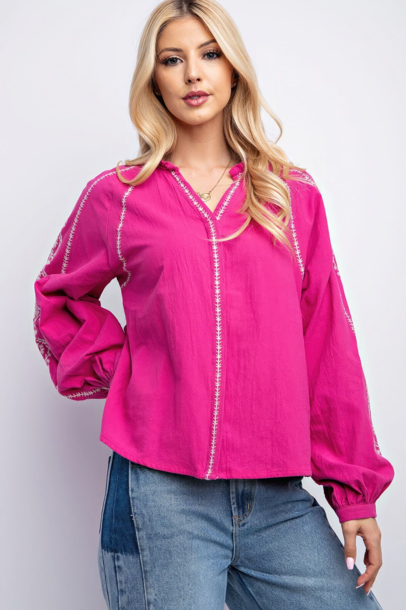 Linen Embroidered Long Sleeve Top