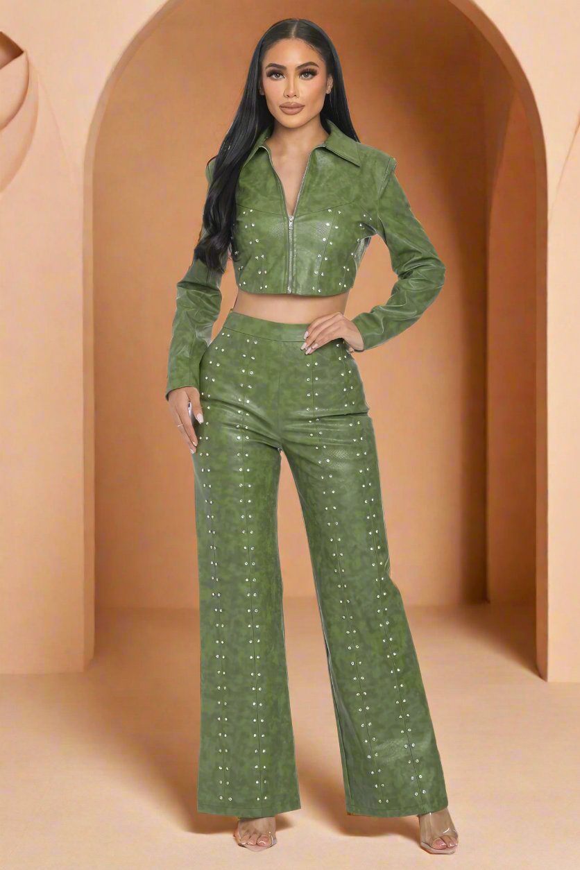 Faux Leather Set With Rhinestone Detail