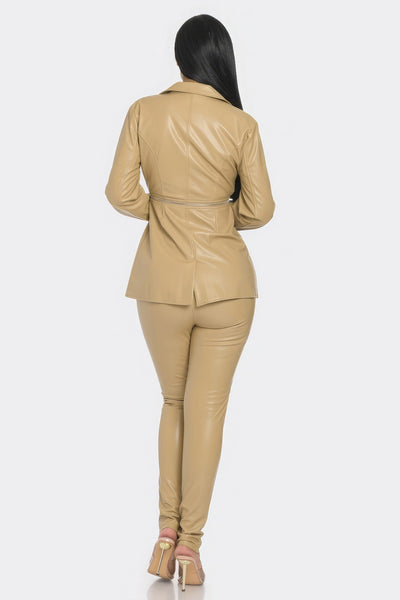Faux Leather Zipper Pant Set
