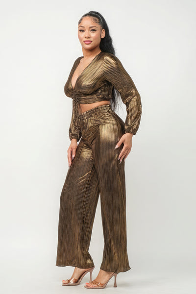 Gold Shirring Top And Pants Set