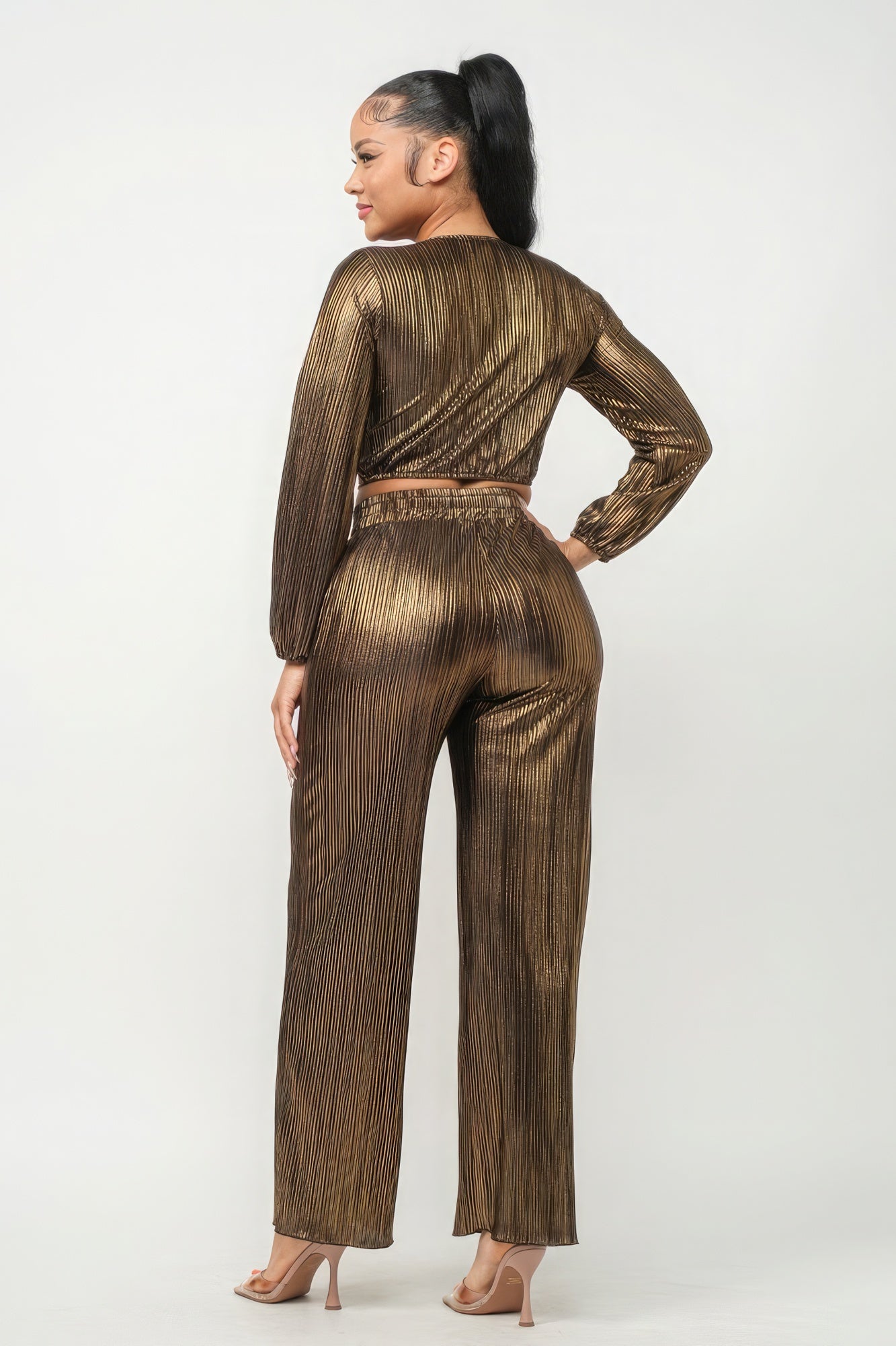 Gold Shirring Top And Pants Set