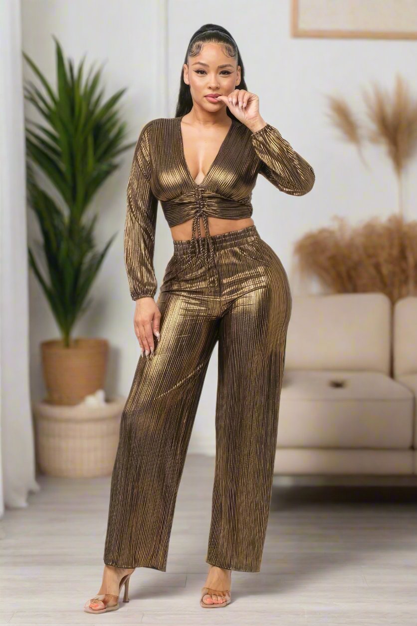 Gold Shirring Top And Pants Set
