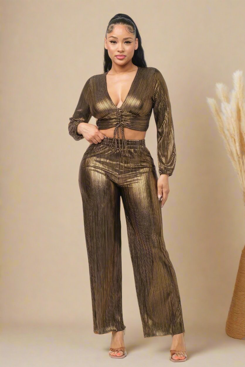 Gold Shirring Top And Pants Set
