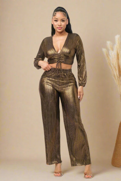 Gold Shirring Top And Pants Set