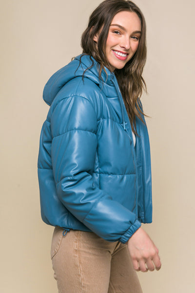 Faux Leather Zip Up Hooded Puffer Jacket