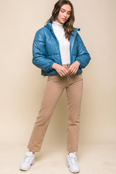 Faux Leather Zip Up Hooded Puffer Jacket