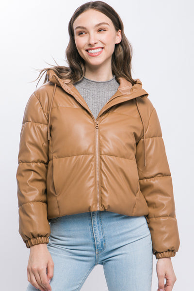 Faux Leather Zip Up Hooded Puffer Jacket