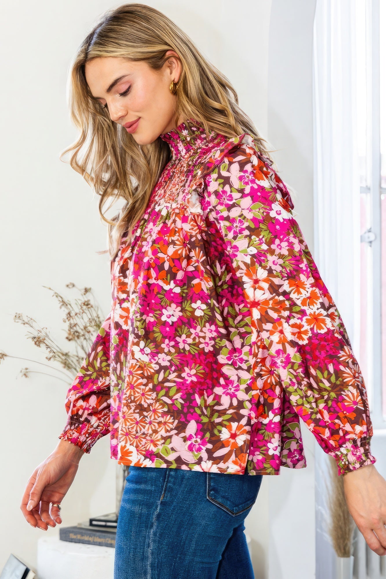 Floral Smocked Long Sleeve Blouse