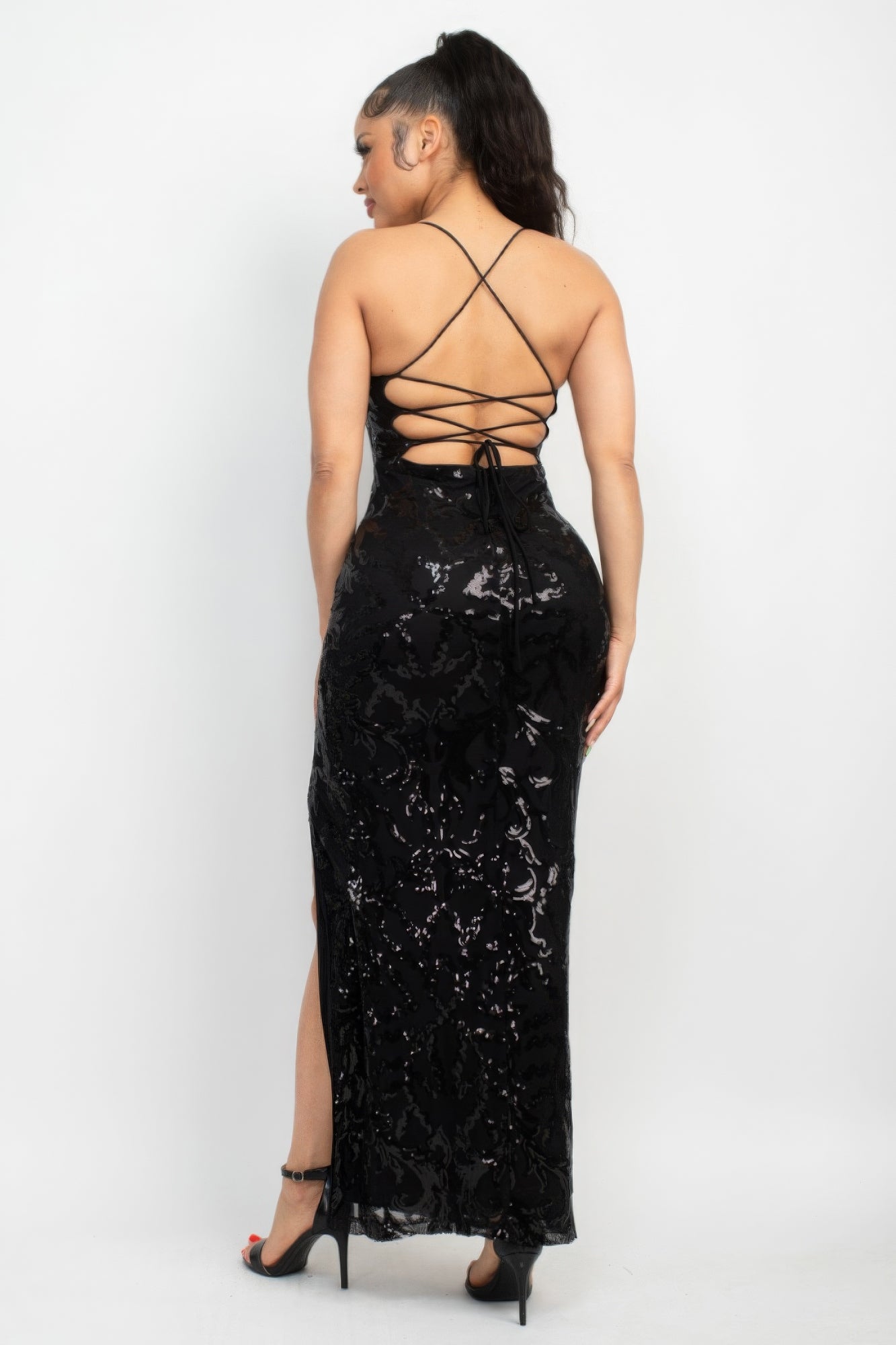 Sequin Open Back Slit Dress