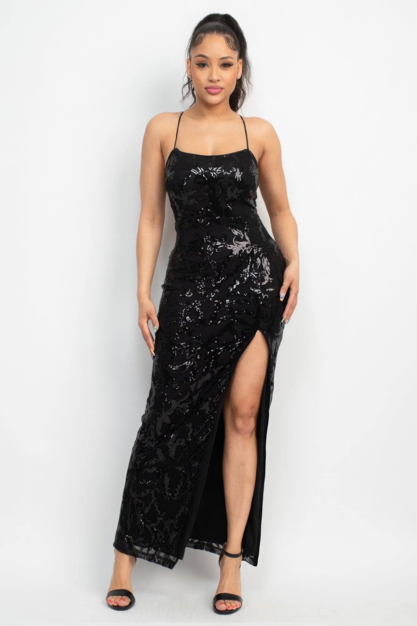 Sequin Open Back Slit Dress