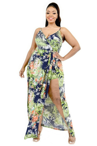 Plus Tropical Leaf Surplice Maxi Dress