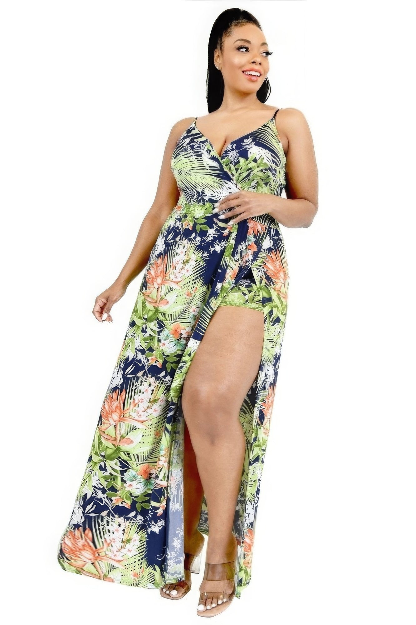 Plus Tropical Leaf Surplice Maxi Dress