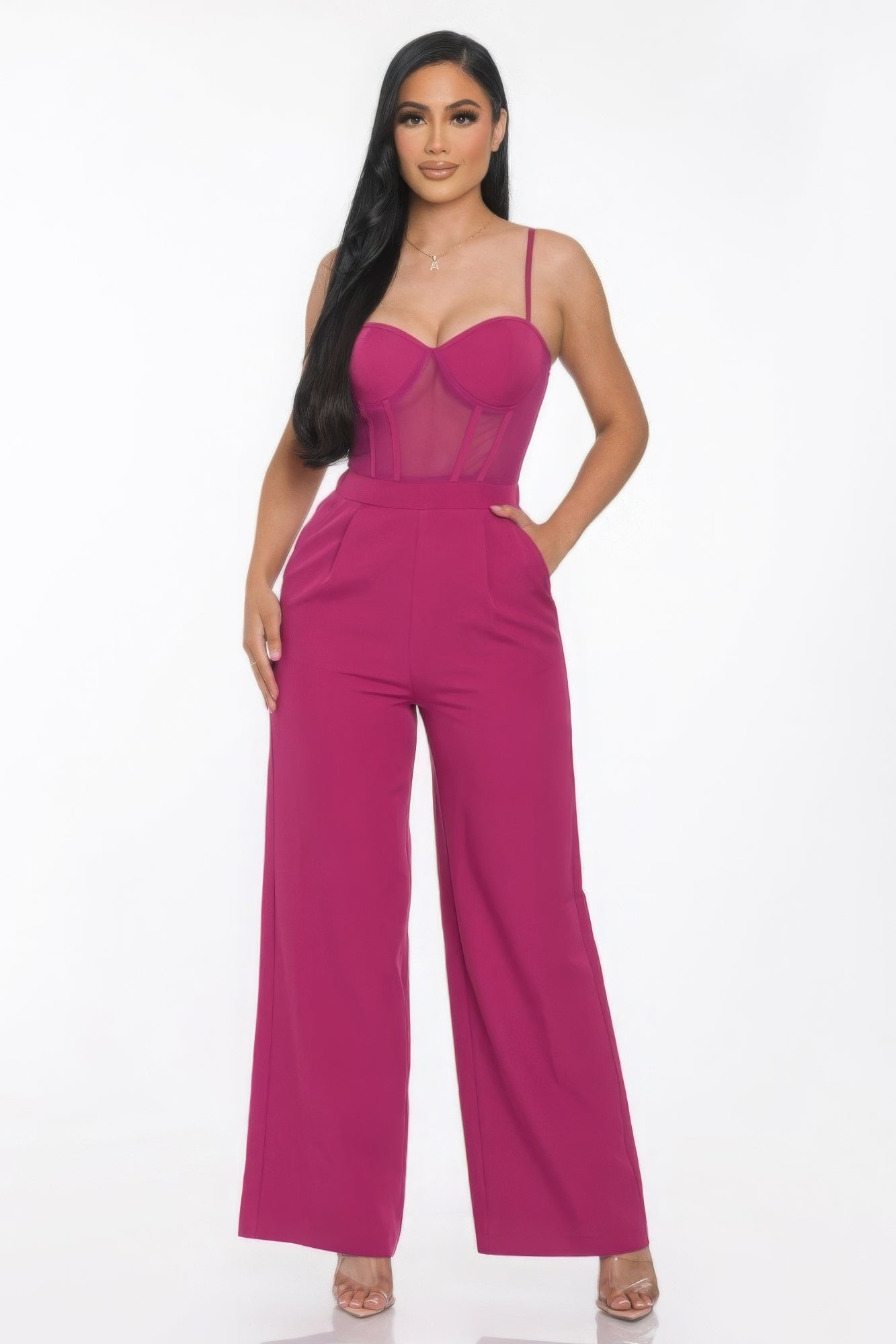 Magenta Mesh Wide Leg Jumpsuit
