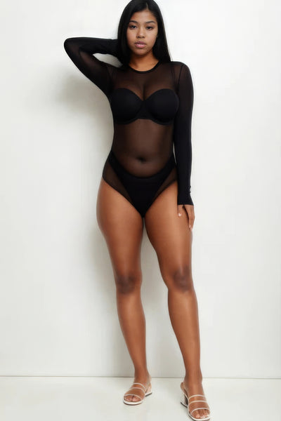 Plus Sheer Mesh Long Sleeve Bodysuit