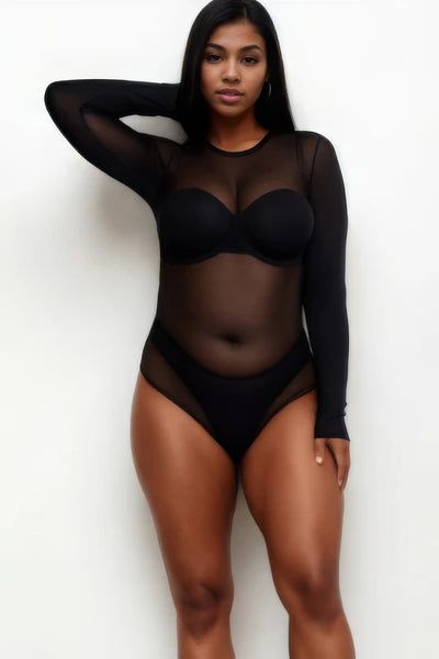 Plus Sheer Mesh Long Sleeve Bodysuit