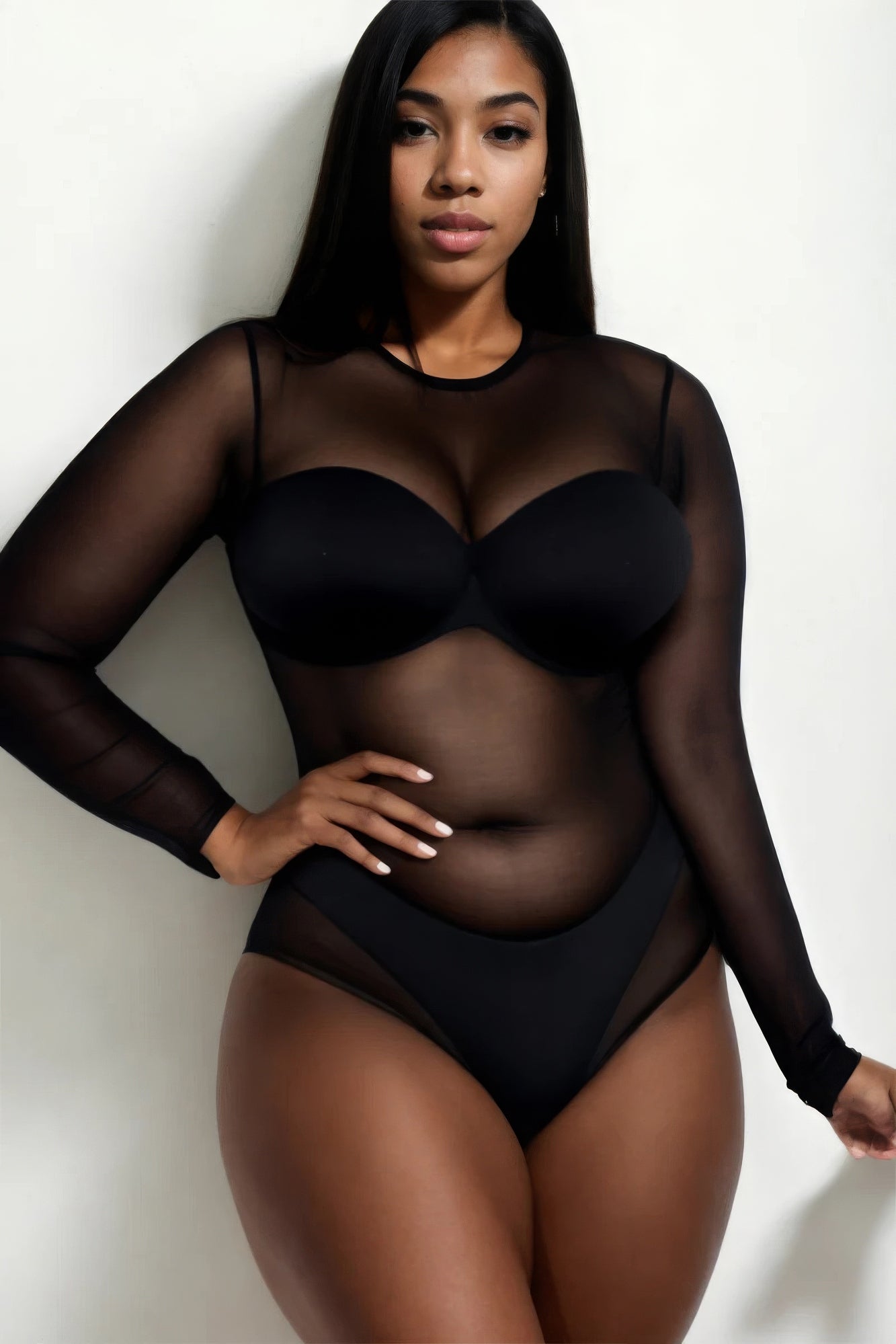 Plus Sheer Mesh Long Sleeve Bodysuit