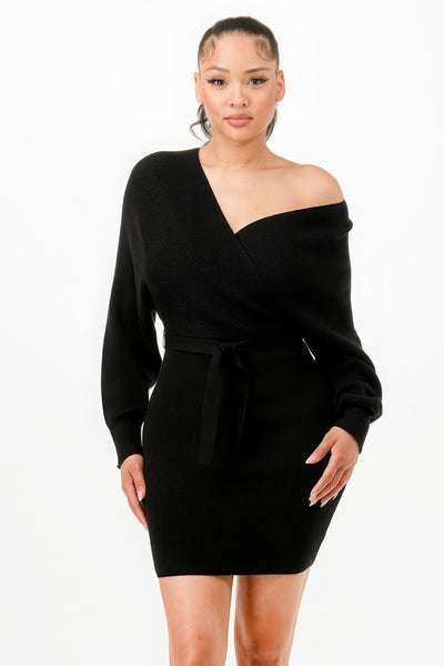 Off Shoulder Wrap Sweater Dress