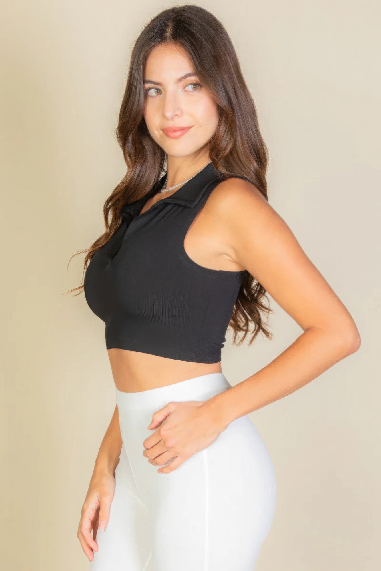 Solid Ribbed Polo Crop Top
