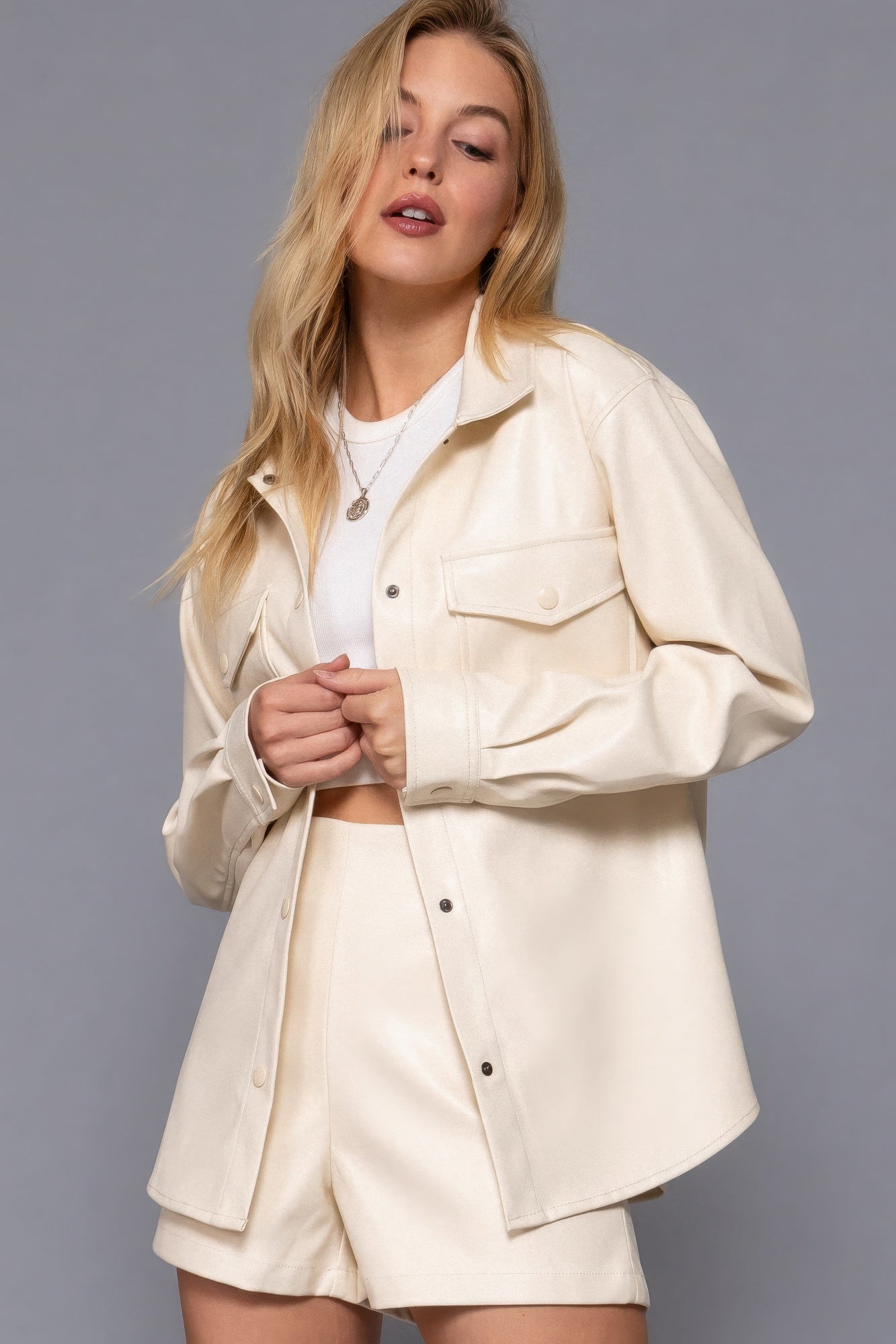 Faux Leather Shirt Jacket