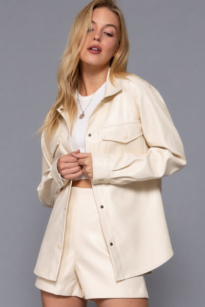 Faux Leather Shirt Jacket