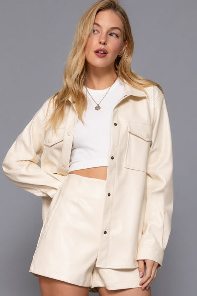 Faux Leather Shirt Jacket