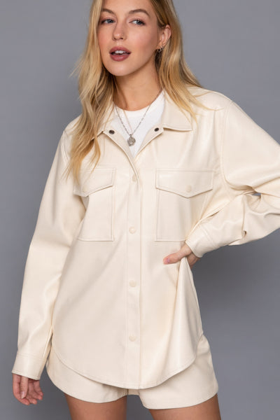 Faux Leather Shirt Jacket