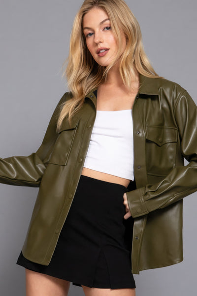Faux Leather Shirt Jacket