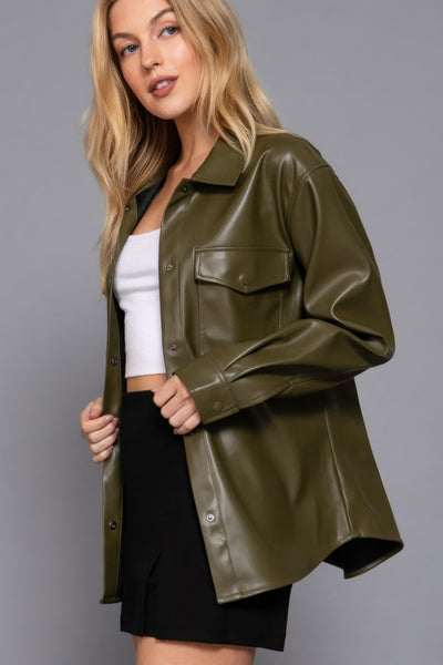 Faux Leather Shirt Jacket