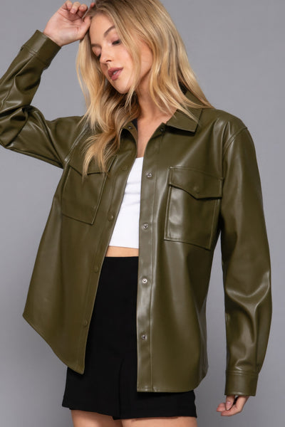 Faux Leather Shirt Jacket