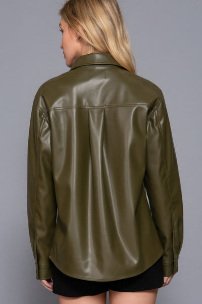 Faux Leather Shirt Jacket