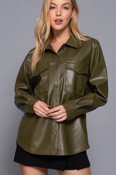Faux Leather Shirt Jacket