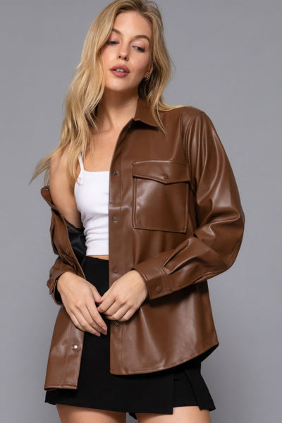 Faux Leather Shirt Jacket
