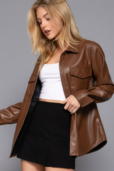 Faux Leather Shirt Jacket