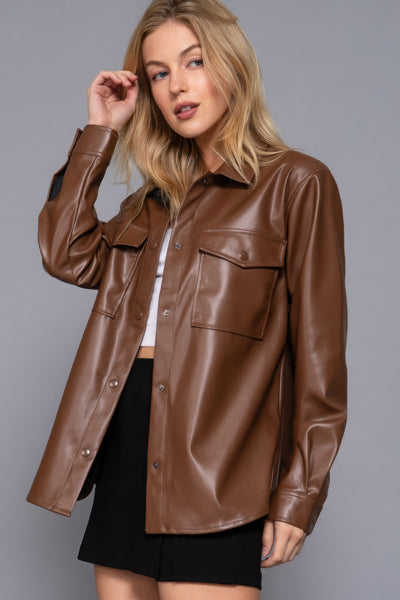 Faux Leather Shirt Jacket