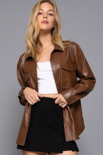 Faux Leather Shirt Jacket