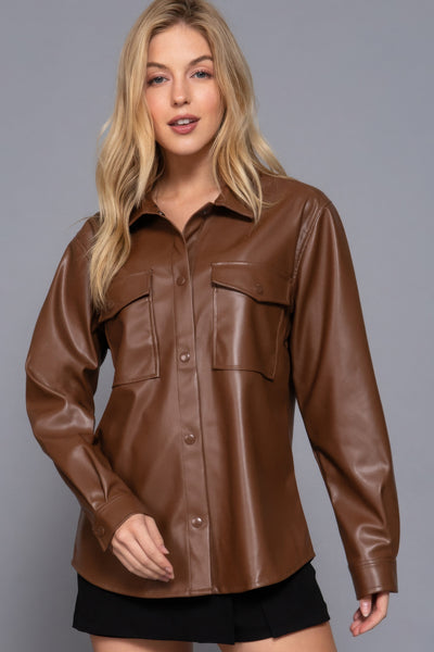 Faux Leather Shirt Jacket