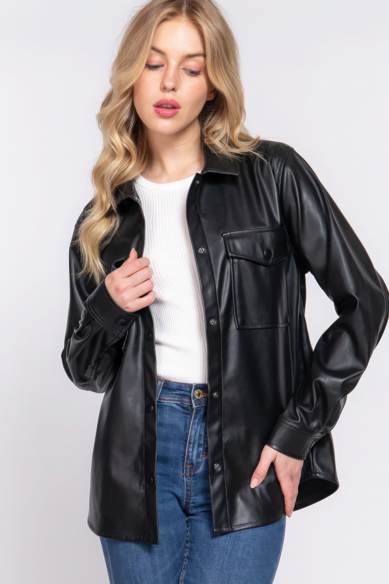 Faux Leather Shirt Jacket