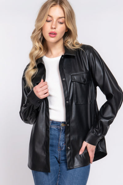 Faux Leather Shirt Jacket