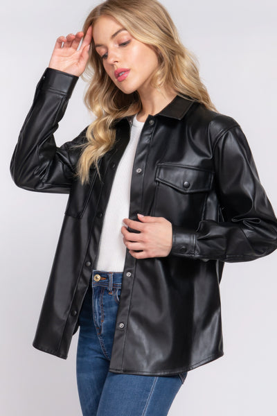 Faux Leather Shirt Jacket