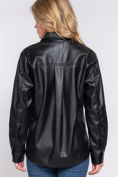 Faux Leather Shirt Jacket