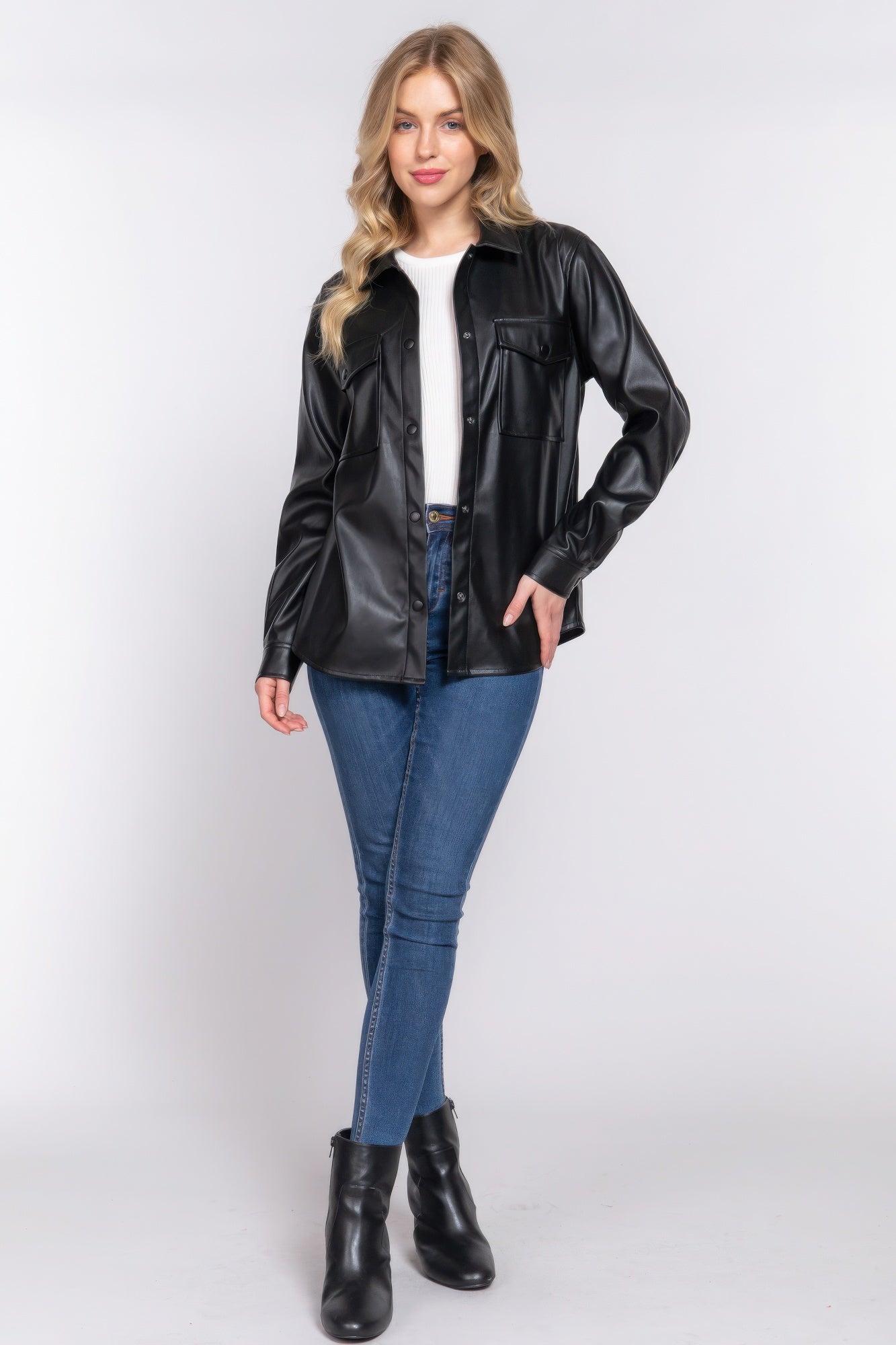 Faux Leather Shirt Jacket