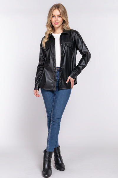 Faux Leather Shirt Jacket