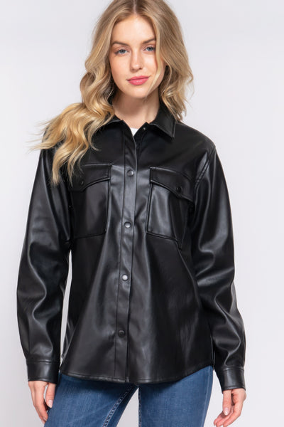 Faux Leather Shirt Jacket