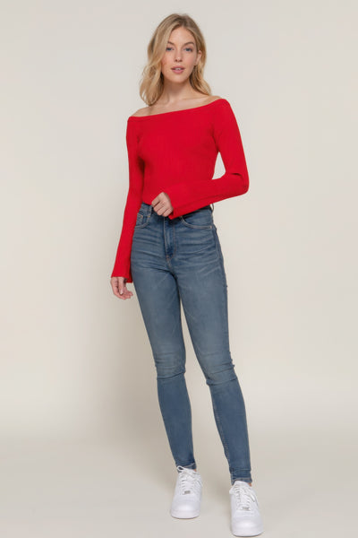 Long flare sleeve off shoulder sweater